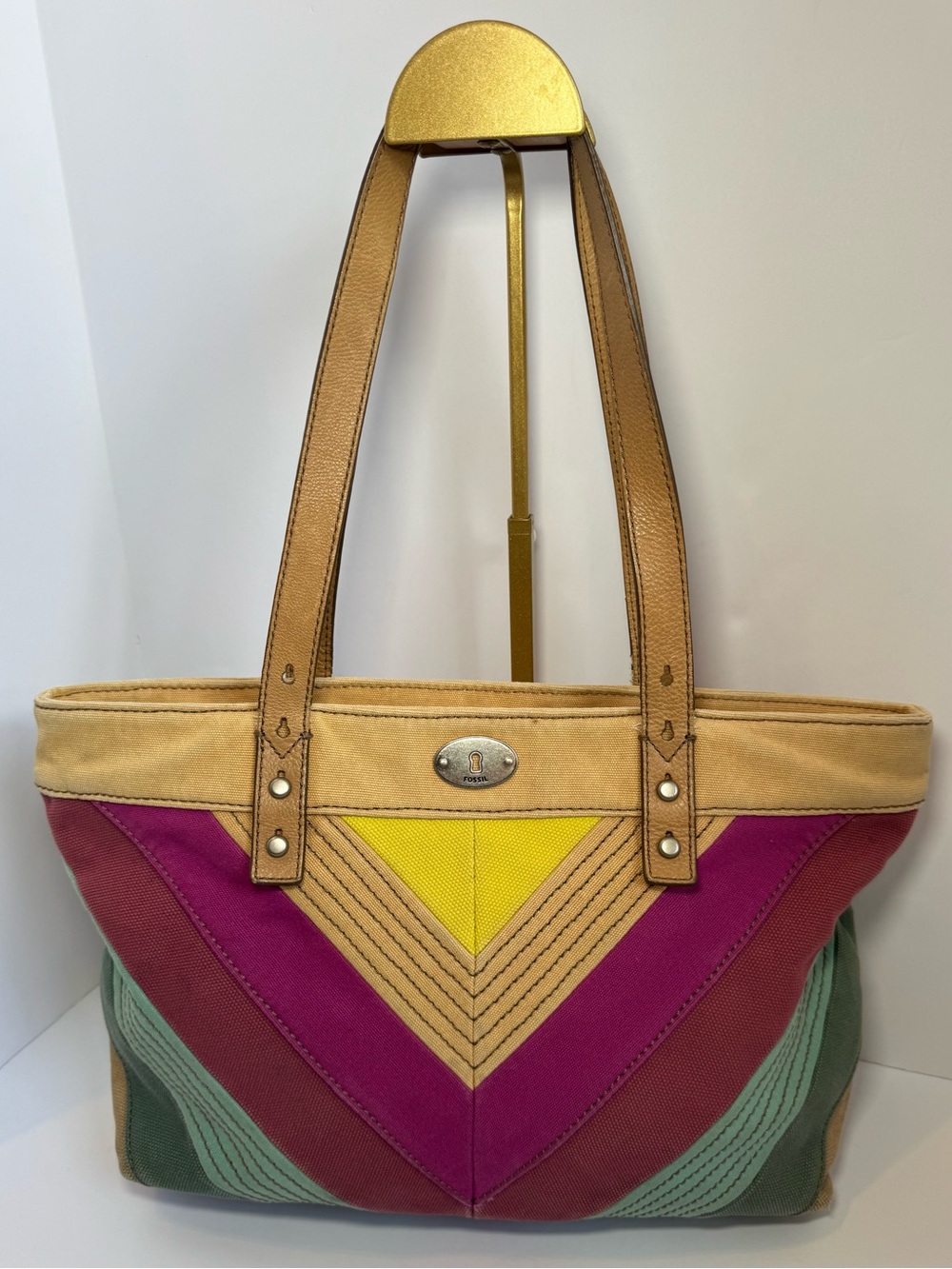Fossil Vintage Chevron Multicolor Canvas Leather Trim Large Tote Bag